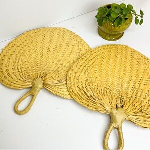 VINTAGE Woven Rattan Hand Fans Natural Boho Tropical Wall Decor Set of 2